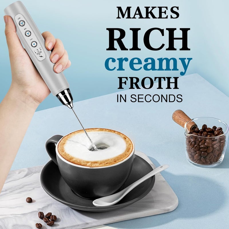 BSRGMS Milk Frother Handheld for Coffee, Electric Whisk 3 Speed Adjustable, Drink Mixer with Stainless 3 Whisks, Rechargeable Hand Frother Wand, Foam Maker for Latte Cappuccino Matcha Egg Silver - Image 5